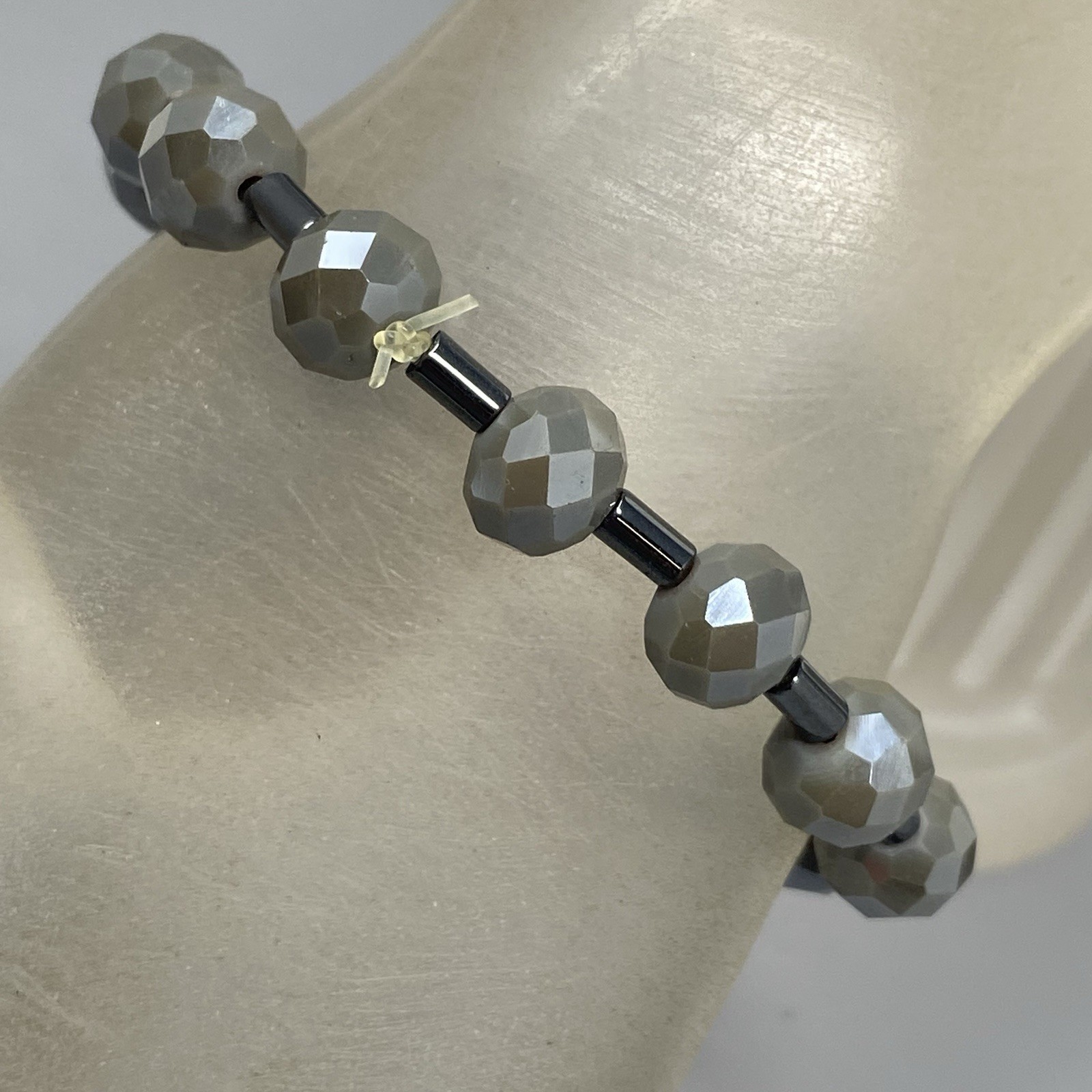 Gray Metallic Glass Bracelet Stretch Aurora Borealis Coated Faceted Tube Spacer