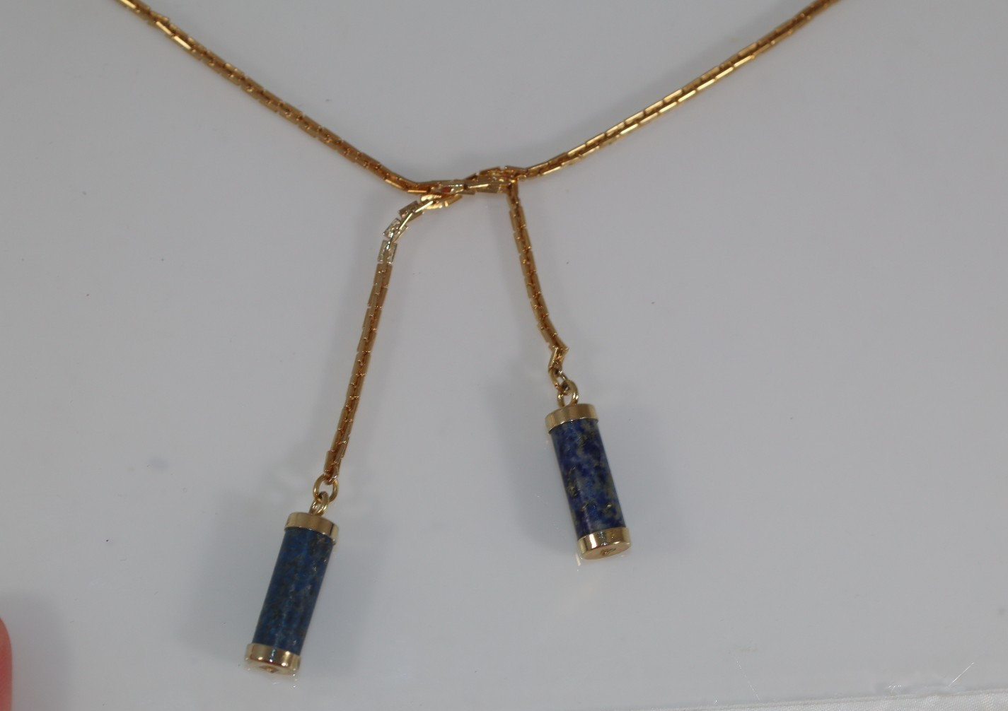 Vintage Hobé Gold Tone Lariat Sautoir Necklace Genuine Sodalite Stone Tassel