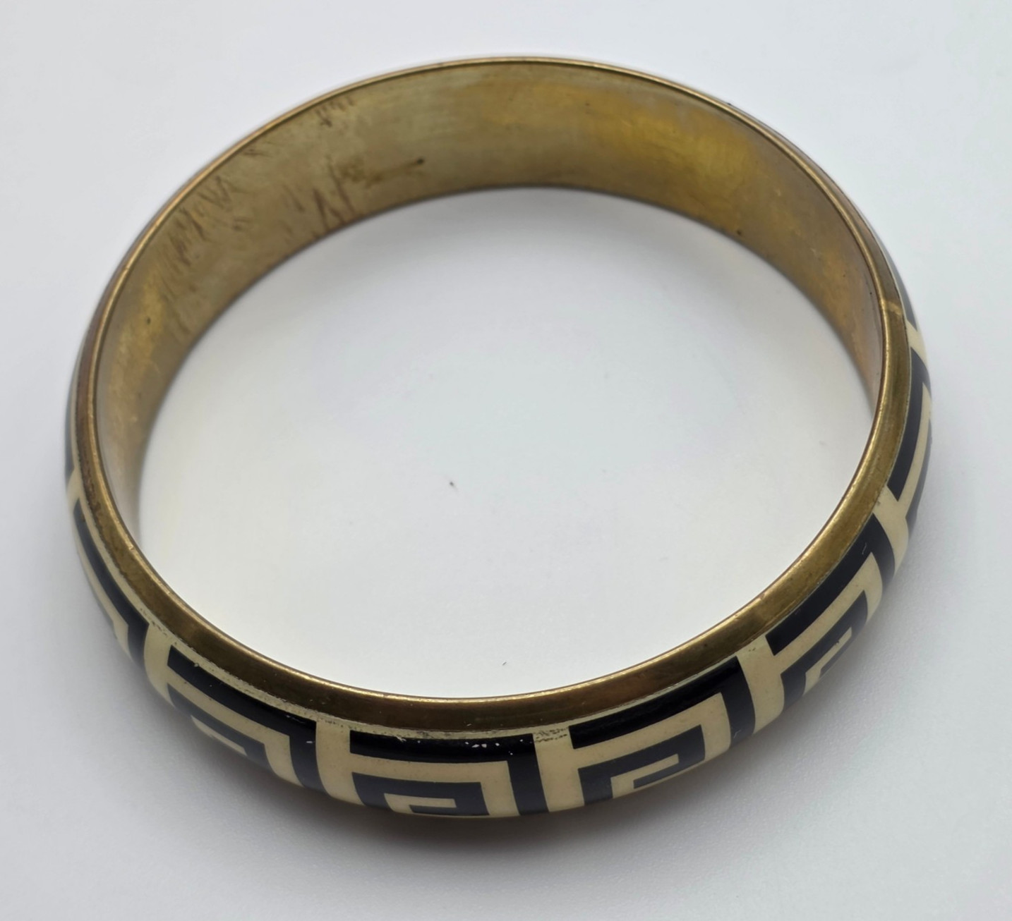 Vintage Gold Tone Black Cream Enamel Greek Key Bangle Bracelet 8 In Geometric