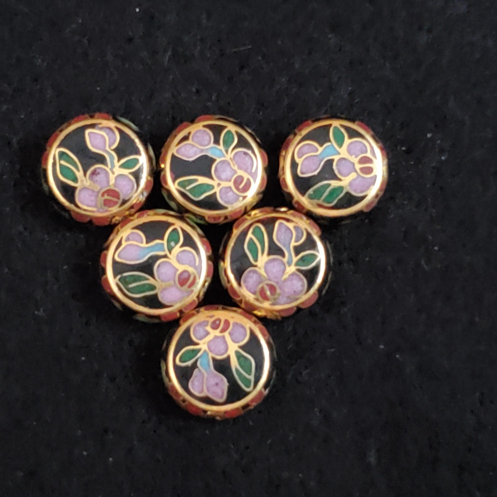 Cloisonne Beads Loose Flat Circle Black Pink Lot of 6