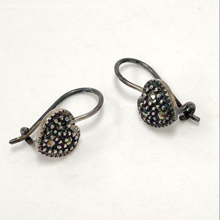 Sterling Silver Dainty Heart Drop Earrings w/ Marcasite Accents, 1.71g