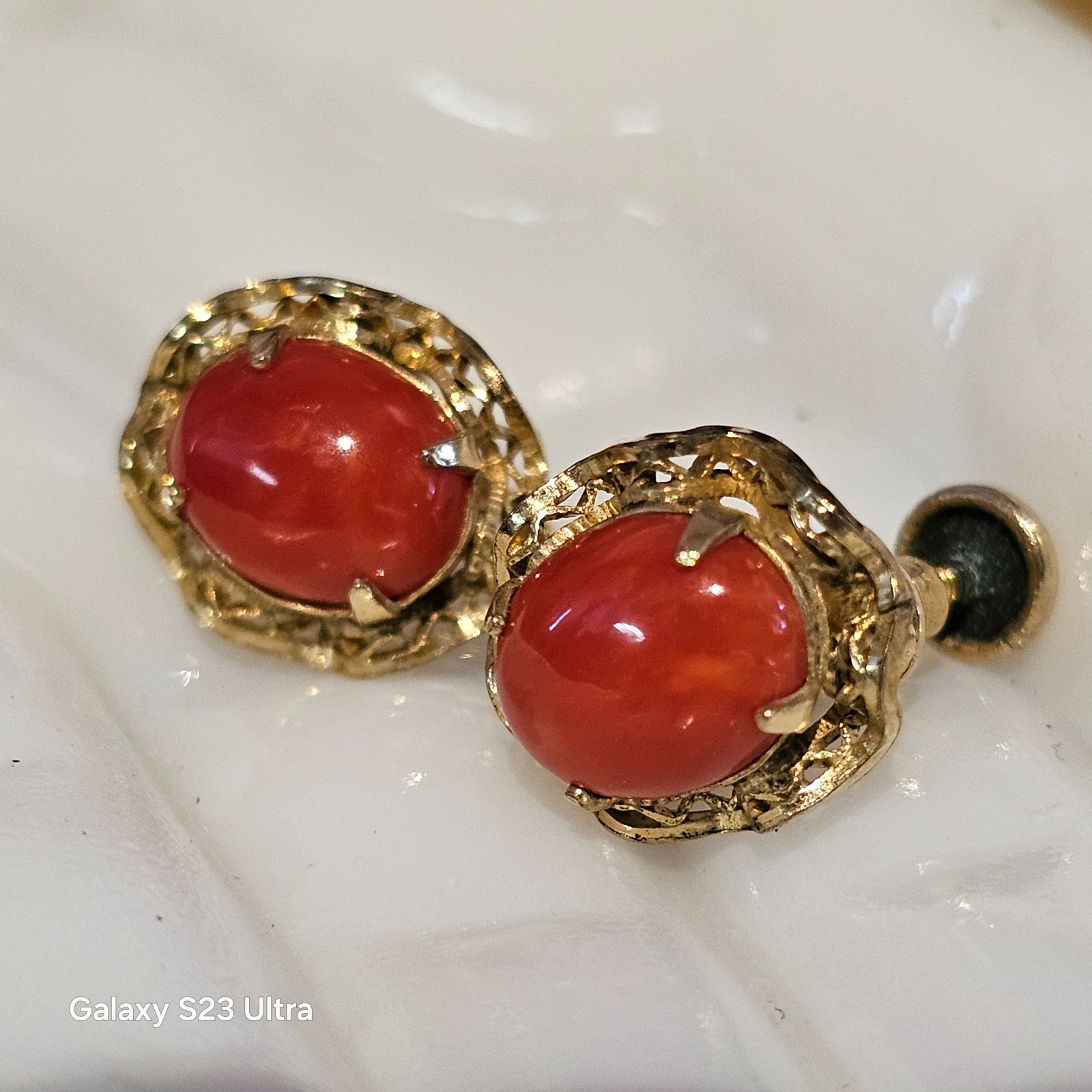 SORRENTO Coral Cabochon Earrings 1/20 12K GF Oval Bezel & Prong Set Screwback