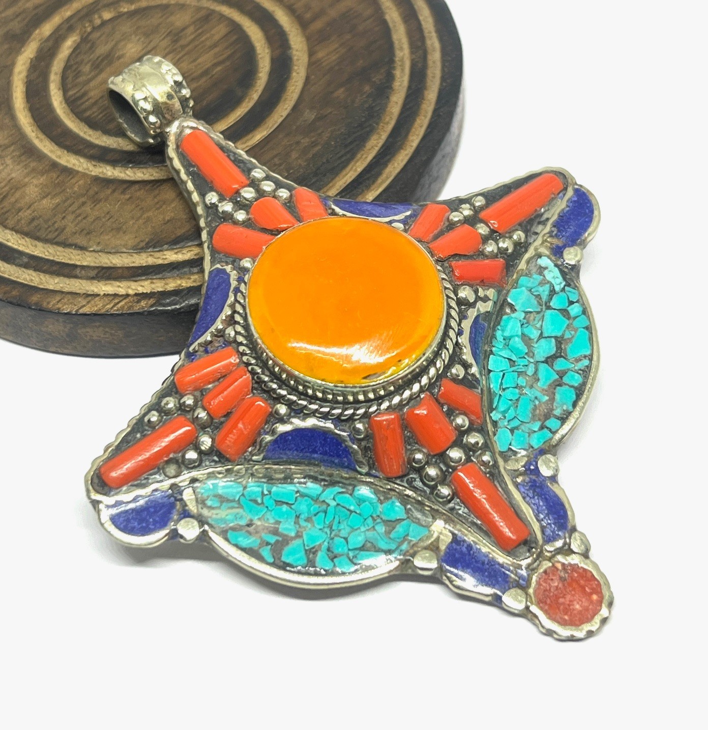 Ethnic Coral Turquoise Amber Gemstone Tibetan Style Pendant Jewelry, 3.0 inch