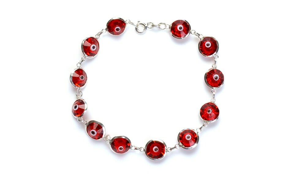 Solid 925 Sterling Silver 10MM Red Crystal Evil Eye Charm Bracelet – 7.5″