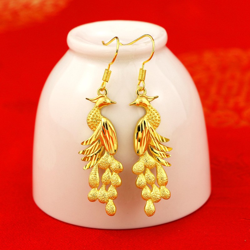 Gold Plated Phoenix Drop Earrings Chinese Wedding Women