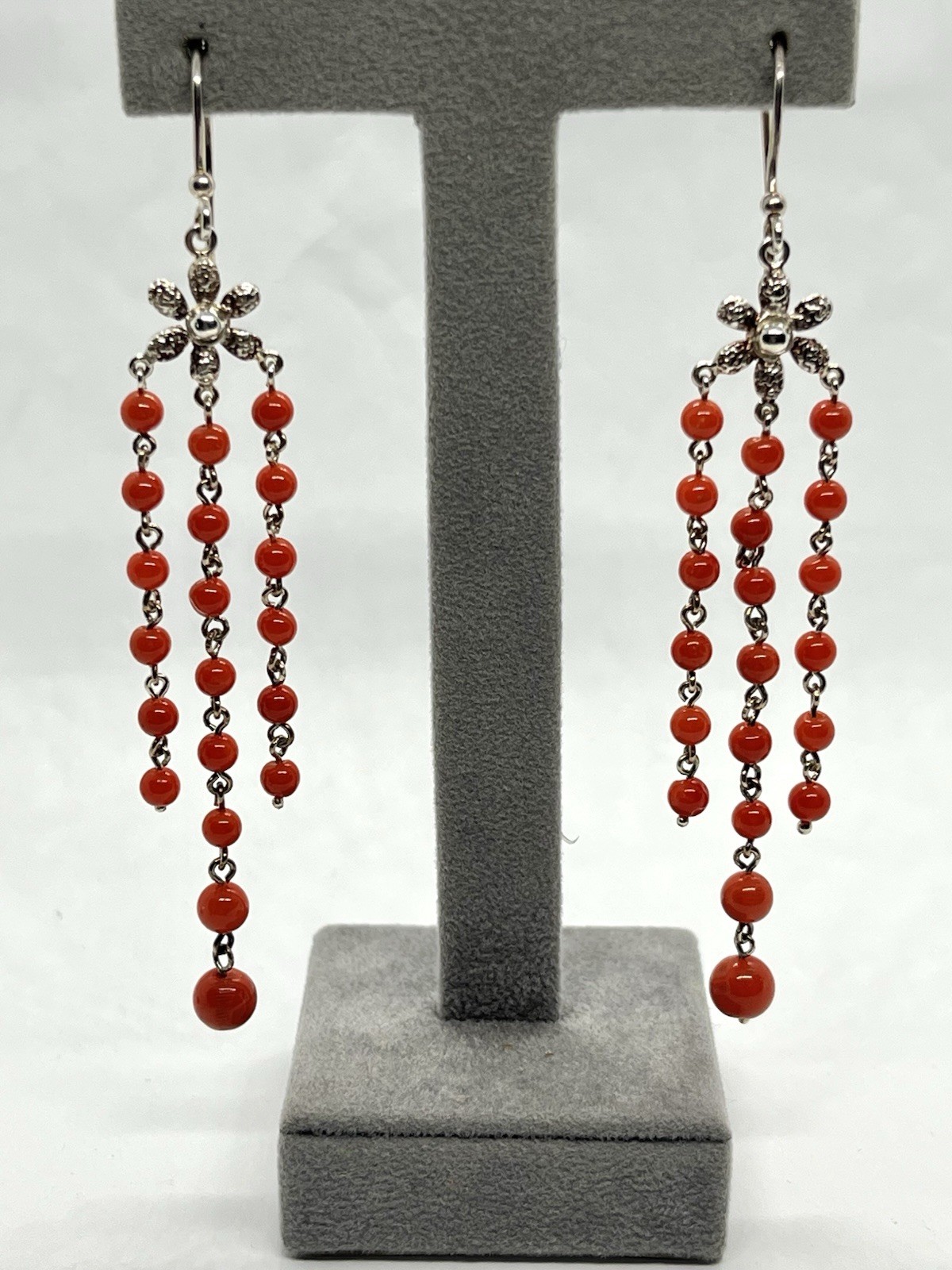 925 Silver Earrings With Natural Mediterranean Coral 7.5cm – Handmade