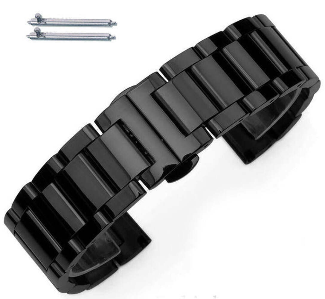 Black Steel Metal Polished Bracelet Replacement Watch Band Butterfly Clasp #5011