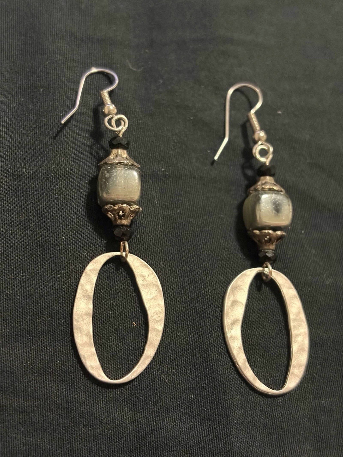 Silver Tone Oval Dangle Earrings Black & Gray Beaded Drop Earrings
