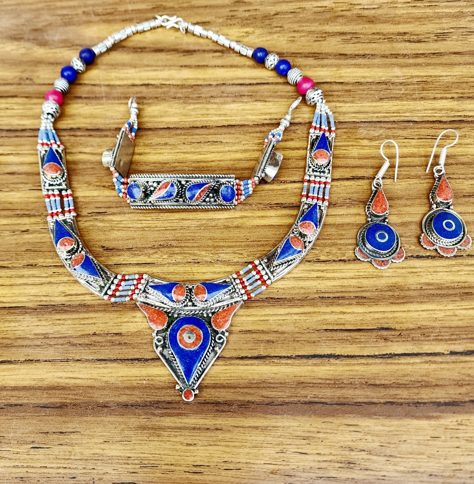 Nepali Statement Women Necklace Earring Set Lapis Turquoise Tibetan Jewelry