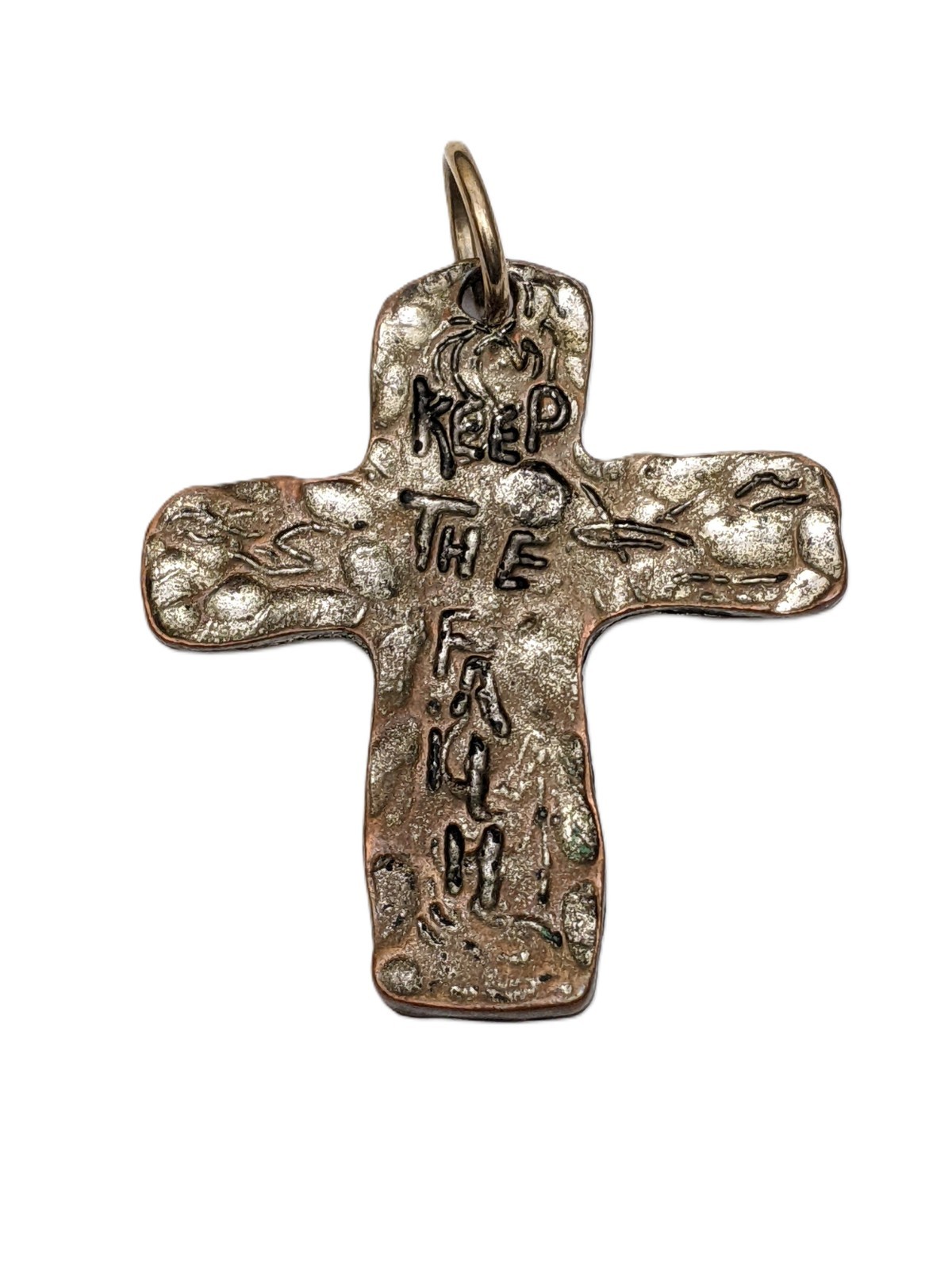 Bronze Cross Pendant “Keep The Faith” For Necklace Chain: 1.75” x 1.75”