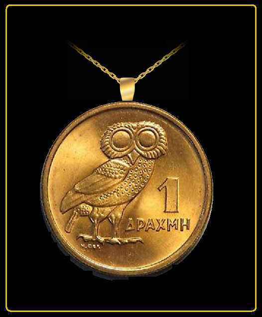OWL of ATHENA Necklace – 1973 gold greek coin – regime of the colonels jewelry