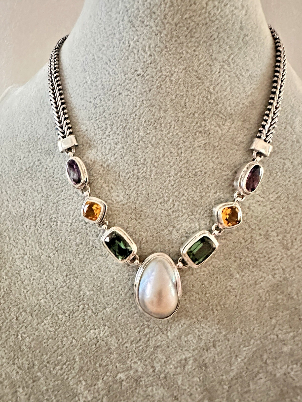 925 Sterling silverMulty Color Gemstone Necklace 16″ and 60 grams.