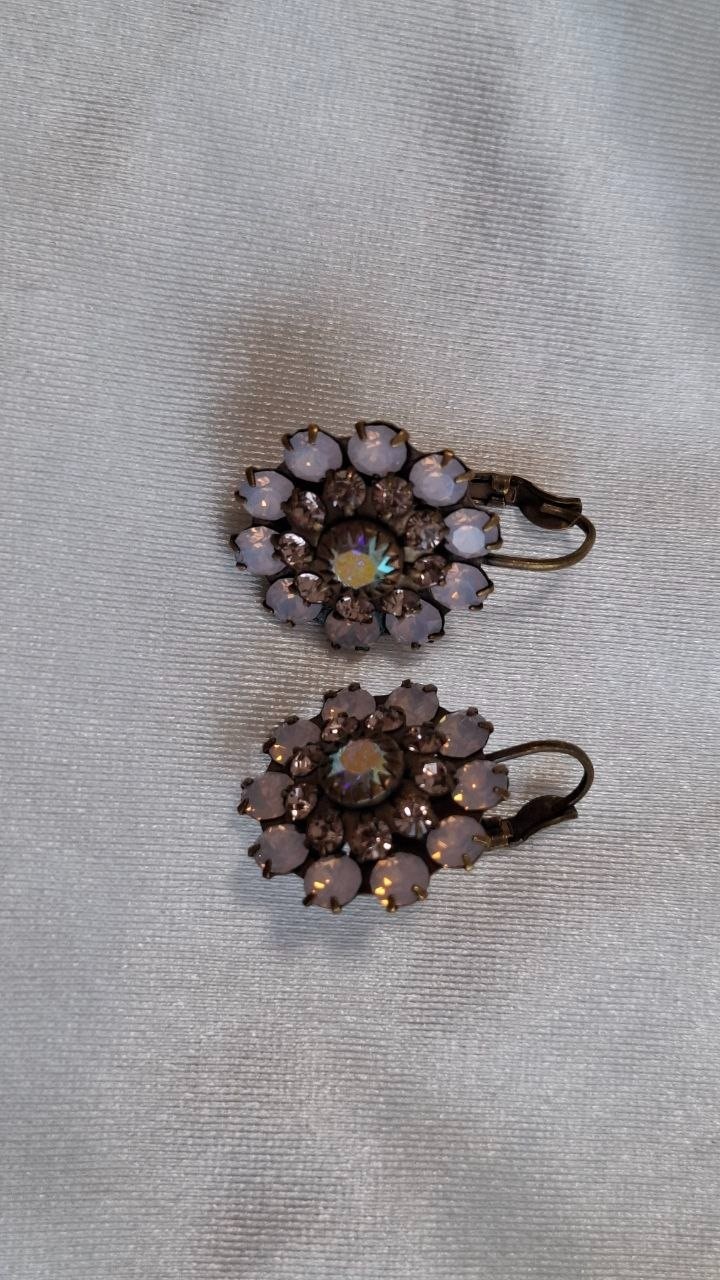 Vintage Liz Palacios San Francisco Antiqued Brass Swarovski Crystal Flower Earri