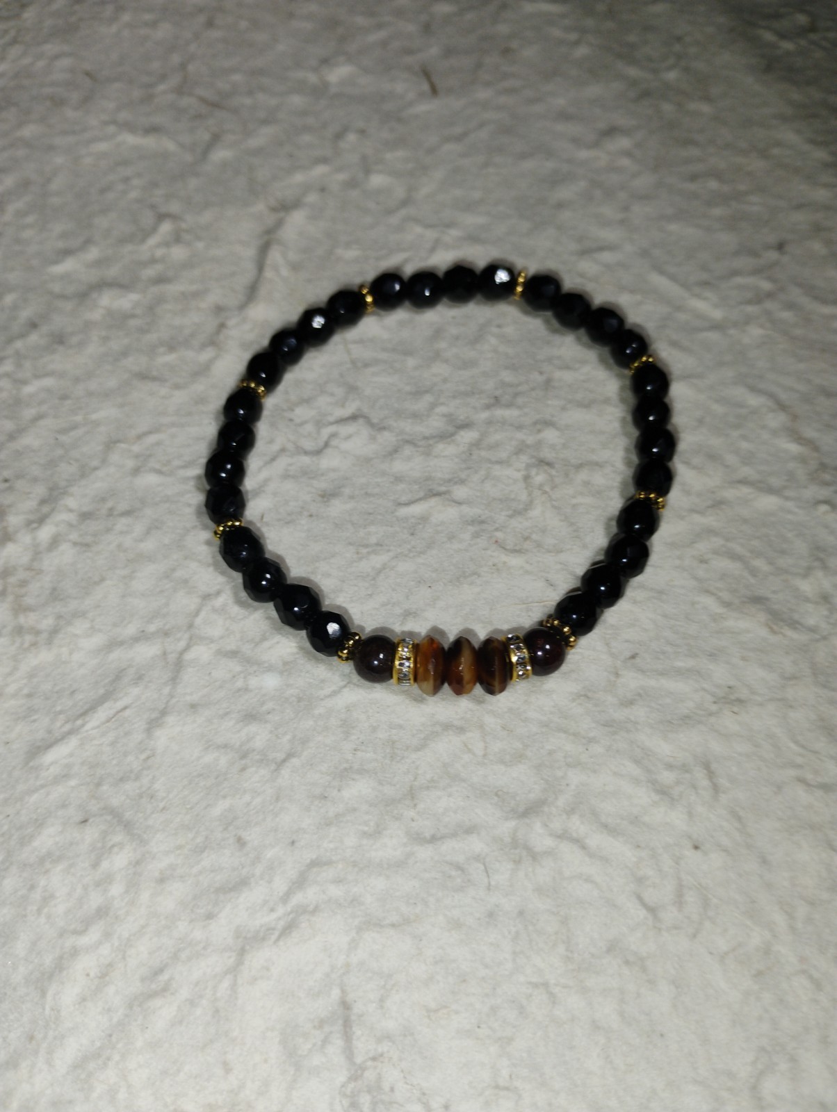 Tiger Eye And Black Obsidian Handmade Beaded Stretch Bracelet With Gold-Tone…