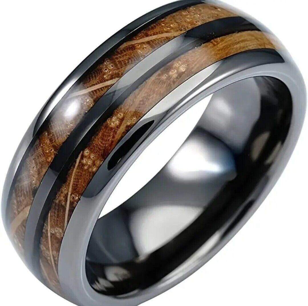 Elegant Whisky Barrel Wood Grain Black Inlay Ring Size – 12