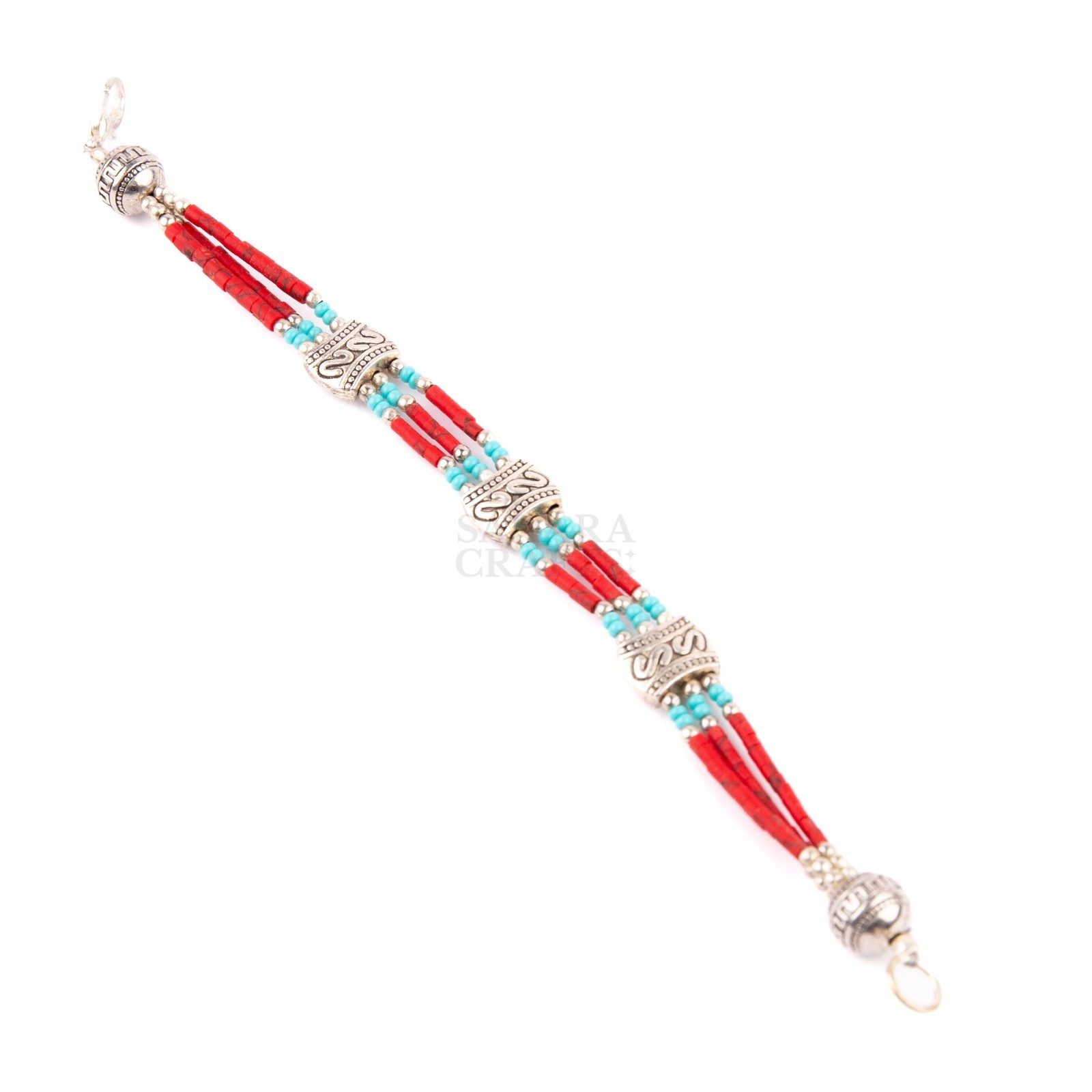 Tibetan Bracelet, Turquoise Red Coral Beads, Traditional Tibetan Bead Jewelry