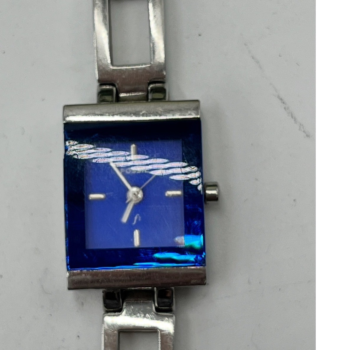 Fossil F2 ES-9389 Timepiece Square Navy Blue Stainless Steel Watch new Battery *