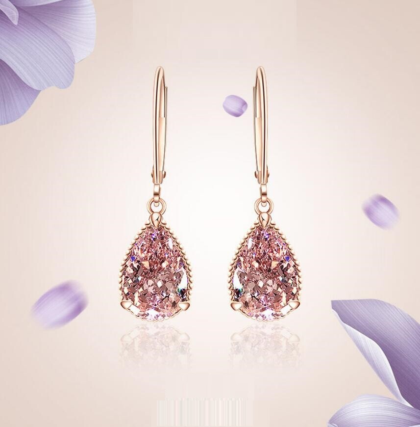 Water Drop Rose Gold Pave Pink Cubic Zirconia Stud Drop Dangle Hoop Earrings