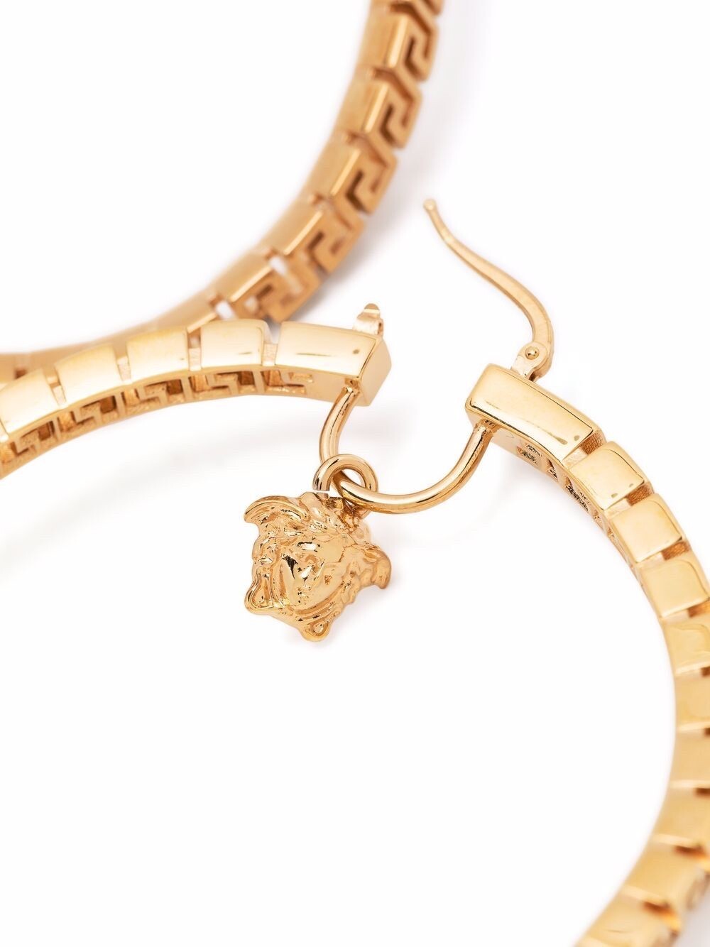 NIB Versace Medusa Logo Charm Greca Greek Key Gold Large Curved Hoop Earrings