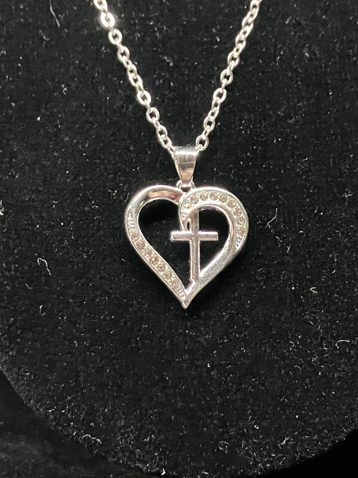 Womens Stainless steel heart w/cross CZ necklace and cross bracelet set