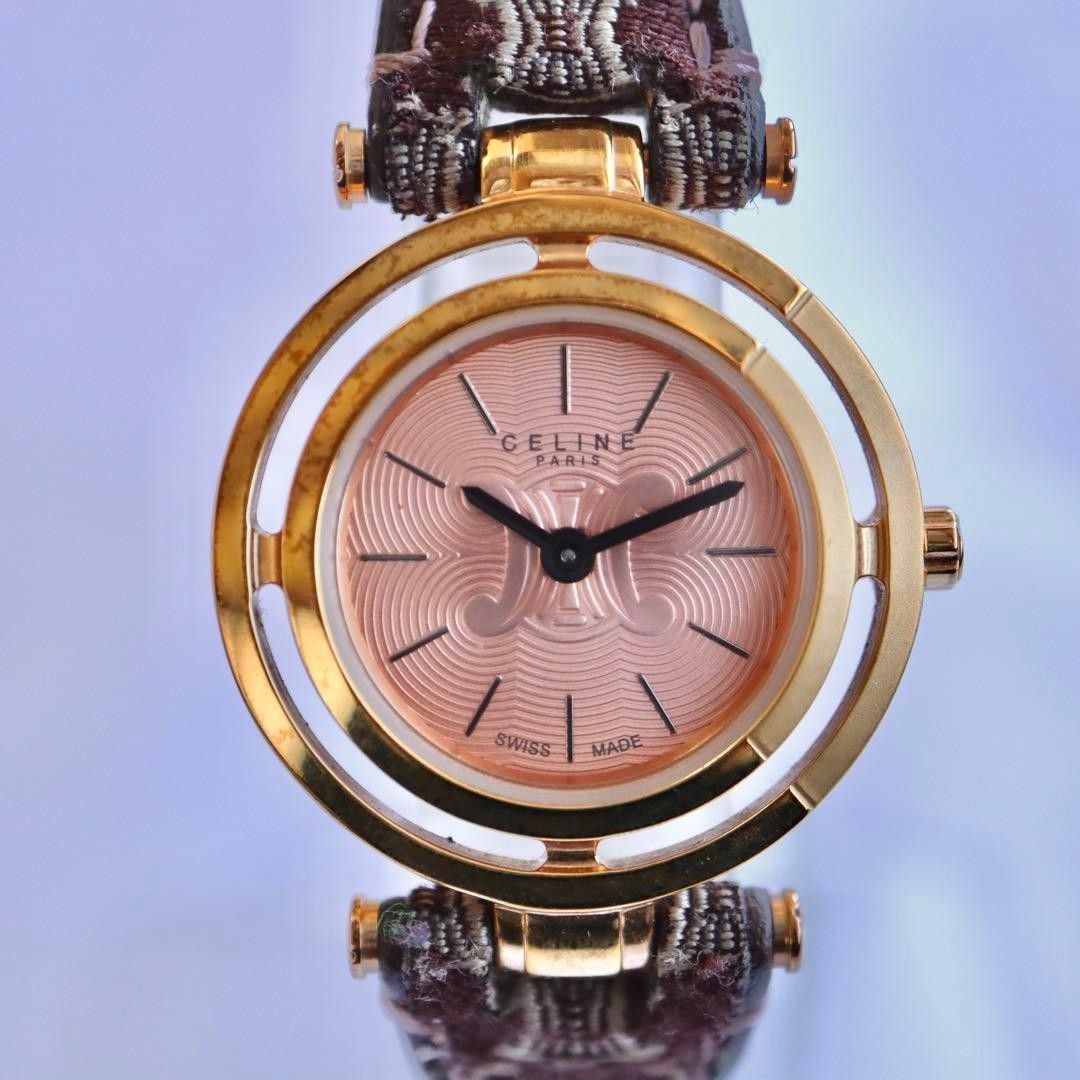 Vintage CELINE Macadam Triomphe Women’s Watch Pink Gold Dial Leather Working