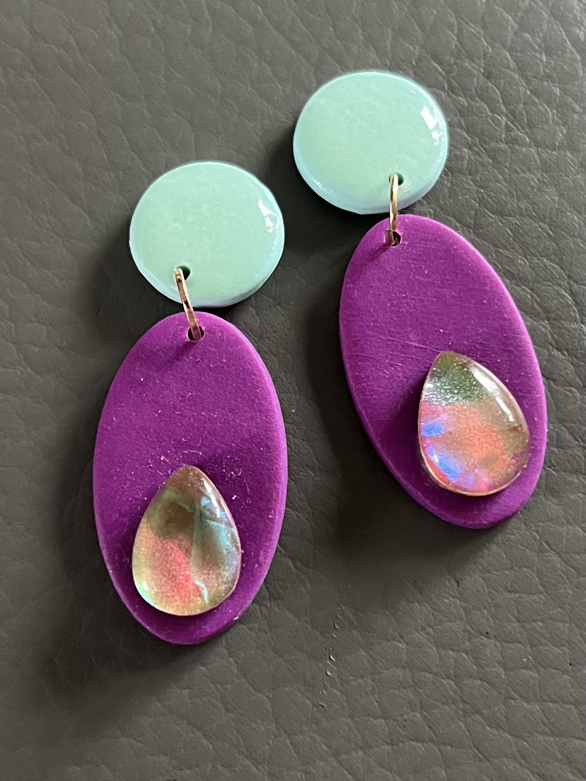Handmade Purple & Mint Polymer Clay Earrings with Glass Cabochons