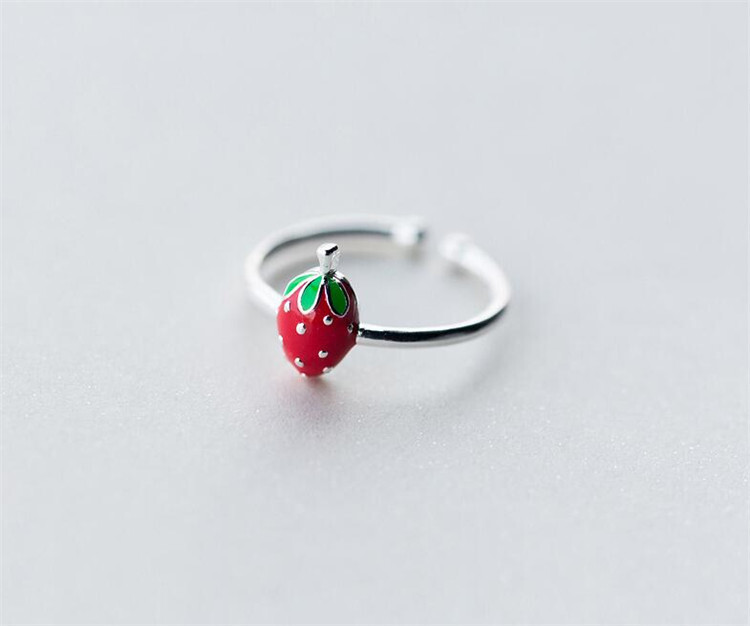 Tiny Beautiful Silver Red Strawberry Engagement Wedding Band Ring