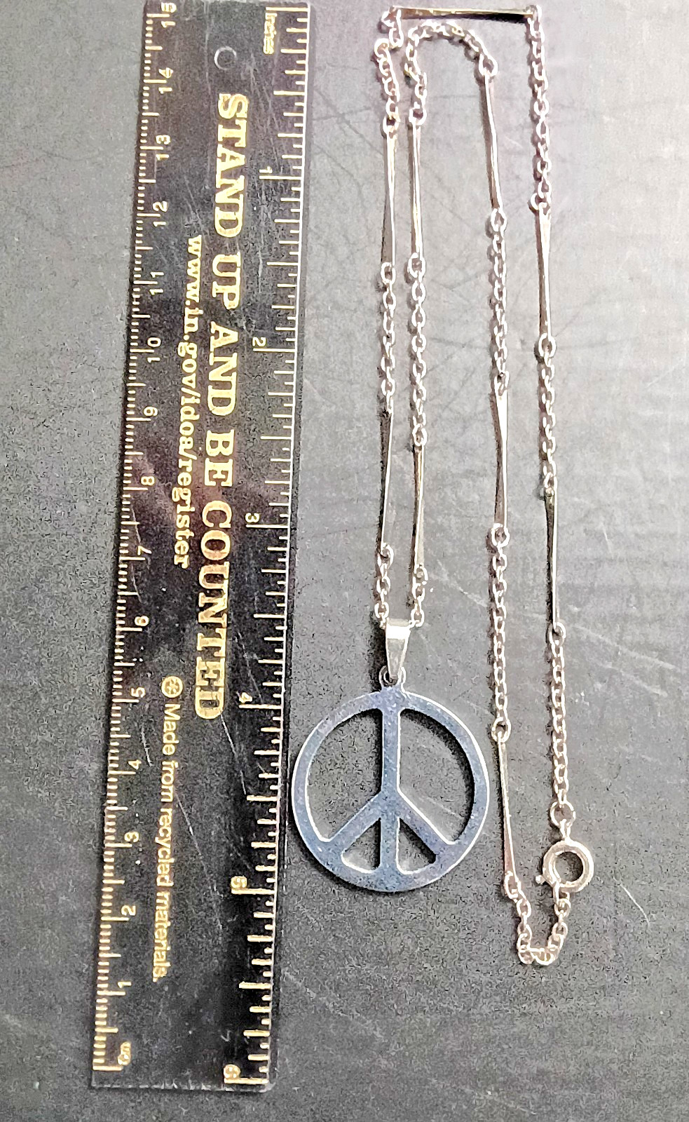 Circa 2015 Peace Sign Pendant on Vintage 70s, 19″ Stainless Steel Bar/Link Chain