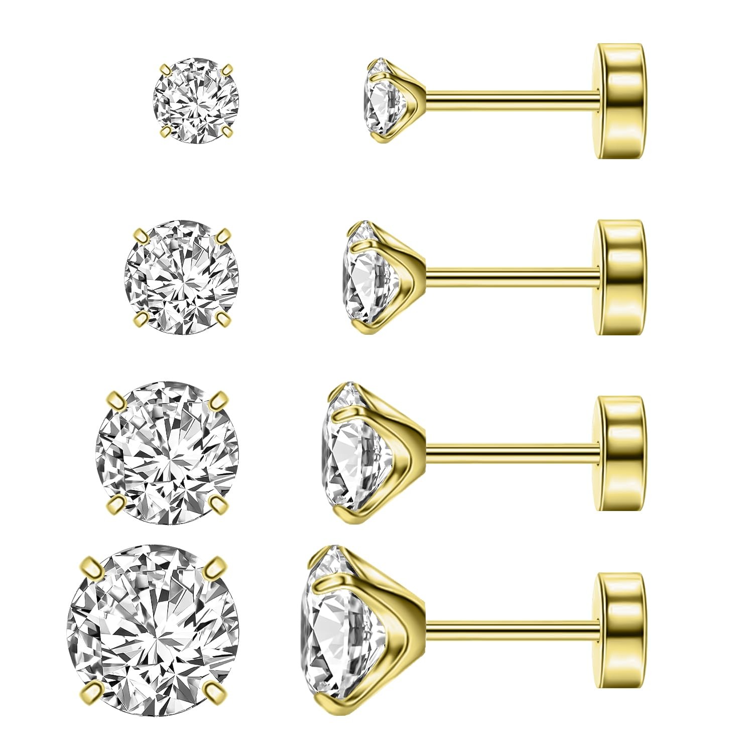 Flat Back Stud Earrings 20G Titanium 3-6mm CZ Crystal Set for Women