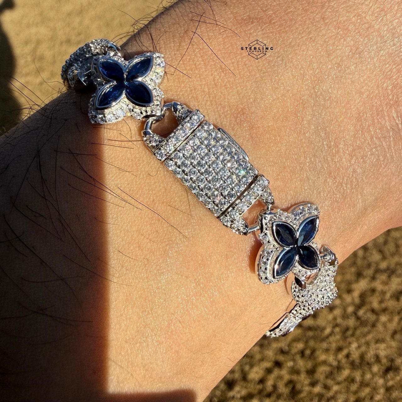 925 Sterling Silver Blue Marquis Infinity Bracelet 14mm 8″ Hip Hop Bling Mens