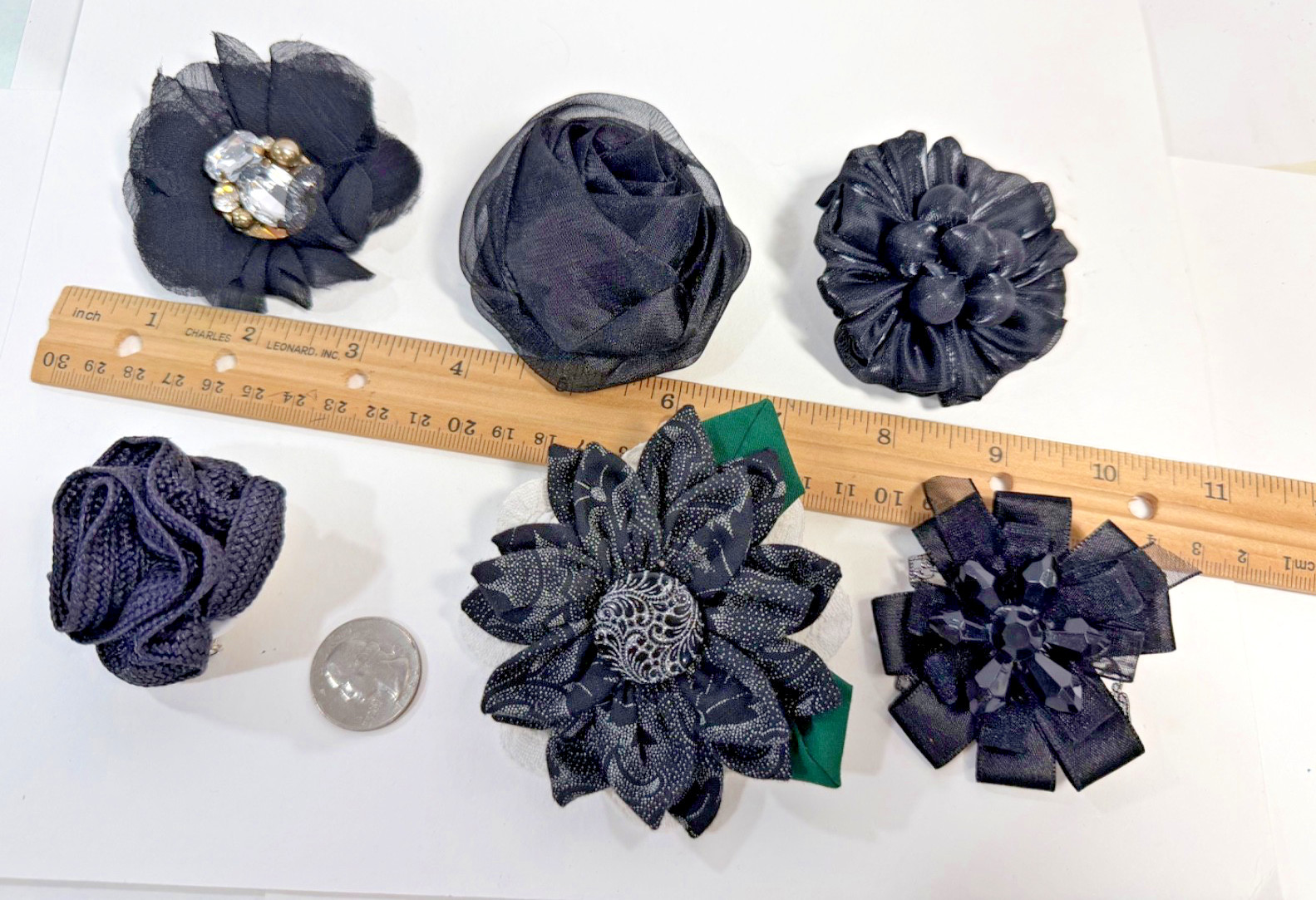 Lot of 6 Black Fabric Flower Brooches Handmade Upcycled Ribbon Lace Pins