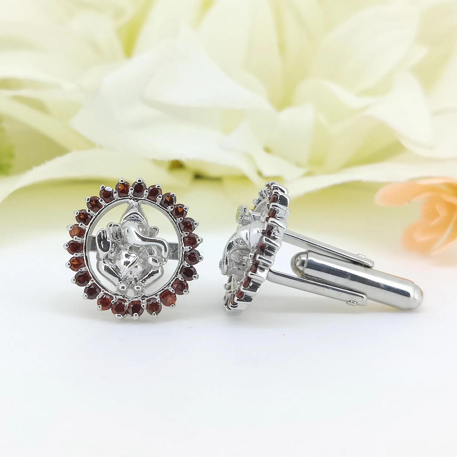 Garnet Ganesha Cufflinks, Sterling Silver Lord Ganesh Jewelry,January Birthstone