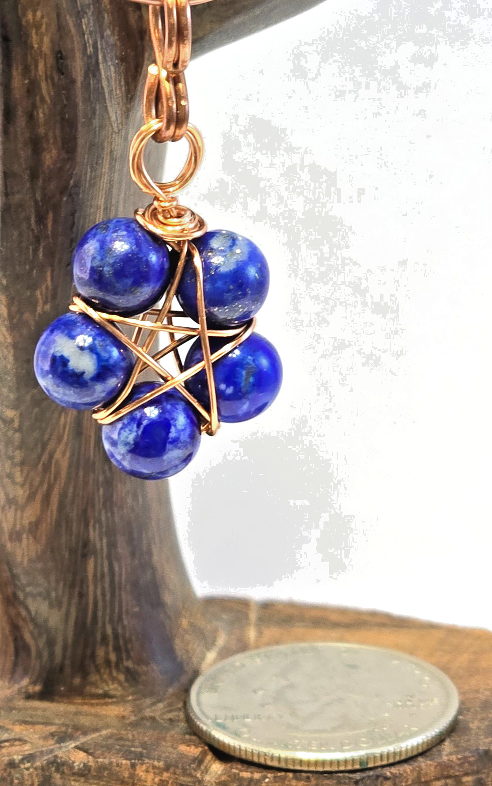 Copper Wire Wrapped 5-Point Star Pendant with Lapis Lazuli & 8mm Beads