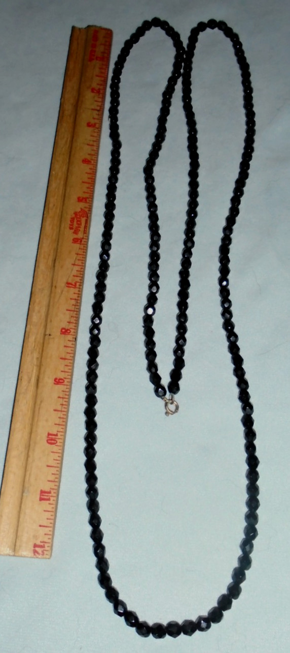 Jet Black Glass Beaded 48″ Necklace 1/4″ Faceted Beads VTG FREE SHIP