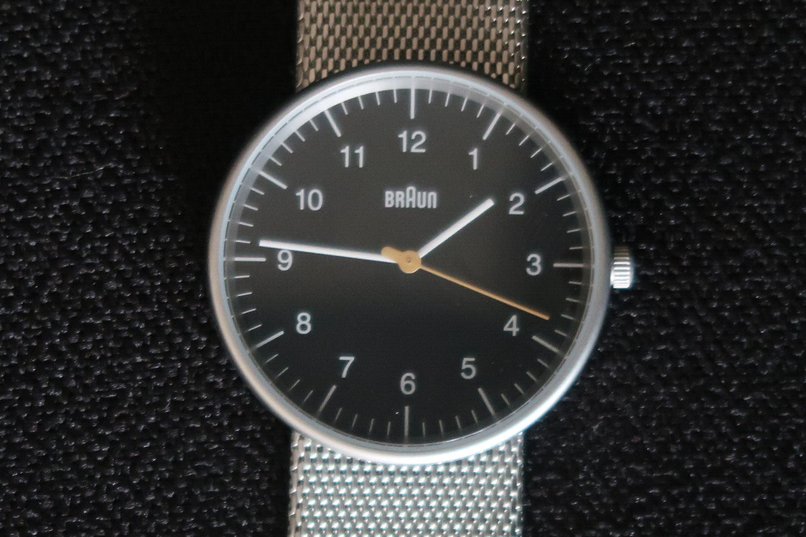 BRAUN BN0021 QUARTZ WATCH BLACK AND WHITE DIAL STEEL SHARK MESH STRAP A CLASSIC