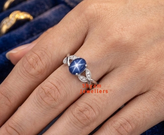 6 Ray Leaf Blue Star Sapphire Lab Created Gemstone925 Sterling Silver Stud Ring