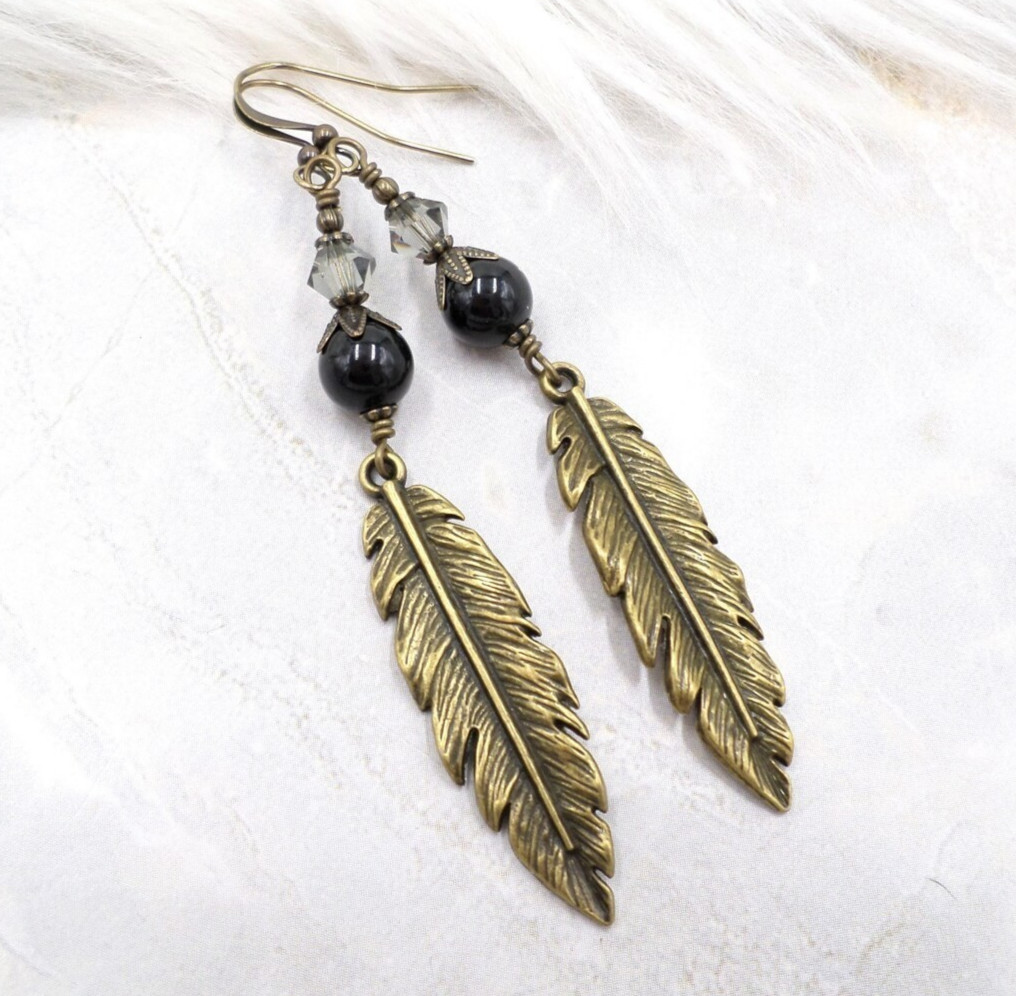 Boho Earrings, Antique Brass Feather with Black Faux Pearls & Crystal Jewelry