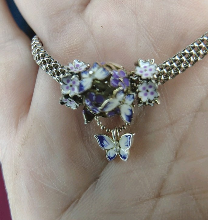 WOSTU 925 Sterling Silver Mystic Purple Flower Butterfly Charm Mesh Bracelet Set
