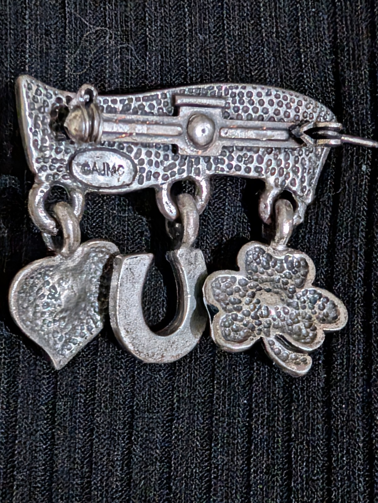 Vintage AJMC Lucky Dangle Brooch Pin Heart Horseshoe Clover Enamel Clear Crystal