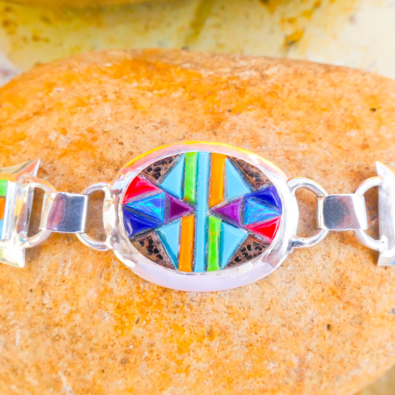 Native Sterling Silver Multi-Gemstone Inlay Cobblestone Toggle Bracelet 17.55g