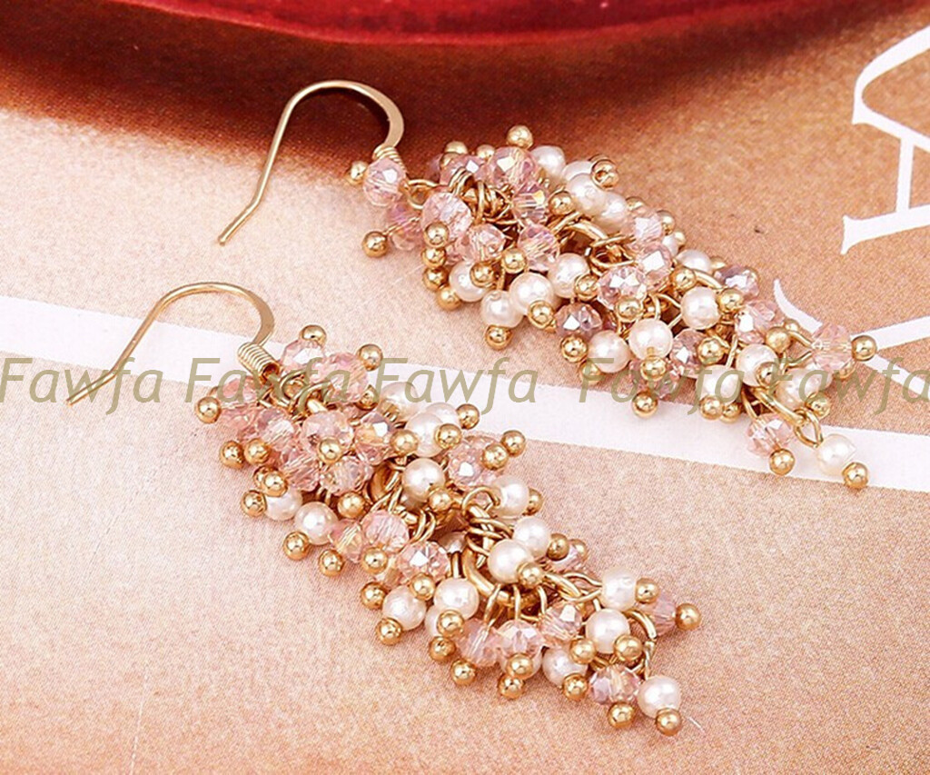 4mm Round White Shell Pearl 3x4mm Faceted Pink Crystal Dangle Gold Hook Earrings