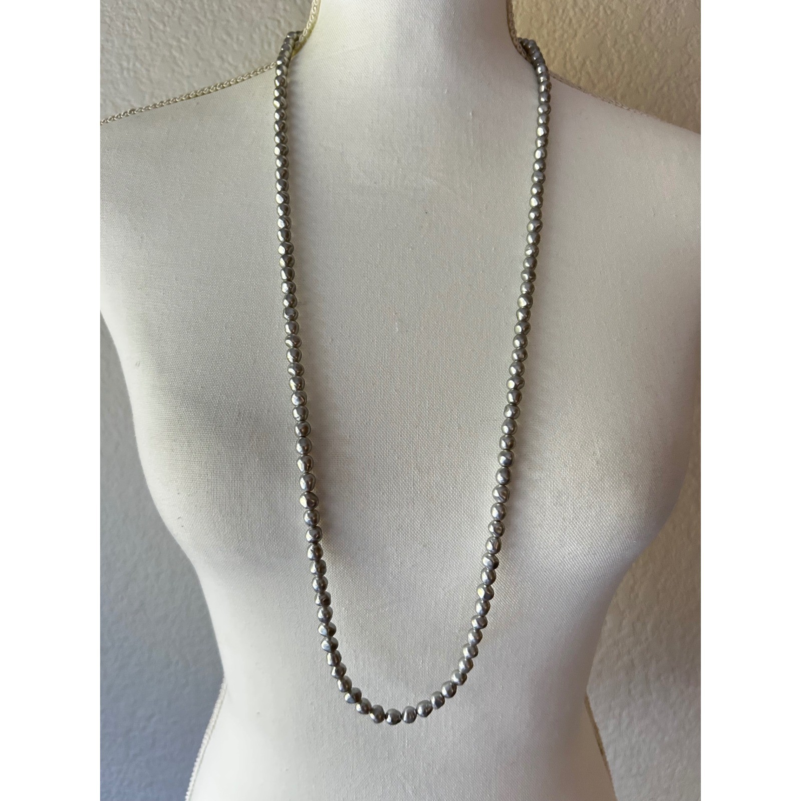 Womens Long Grey Faux Pearl Necklace Metallic Bead Opera Length Strand 35 Inch