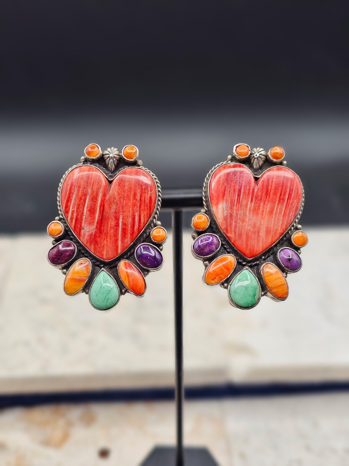 Vintage D.M. Lee Navajo Sterling Spiny Oyster Multi Stone Heart Clip Earrings