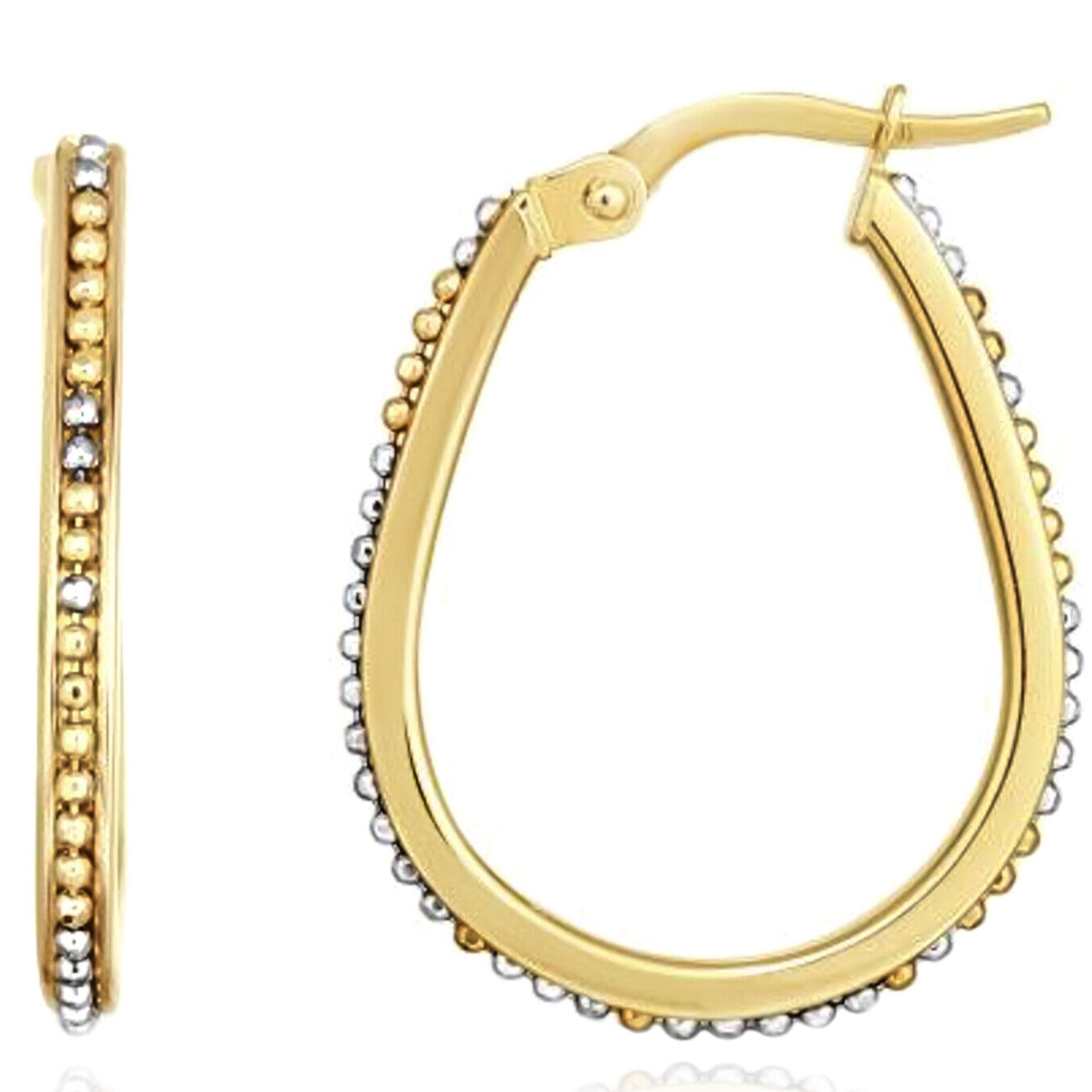 14K Gold Two-Tone Yellow White 2mm Beaded Teardrop Hoop Earrings 24mm