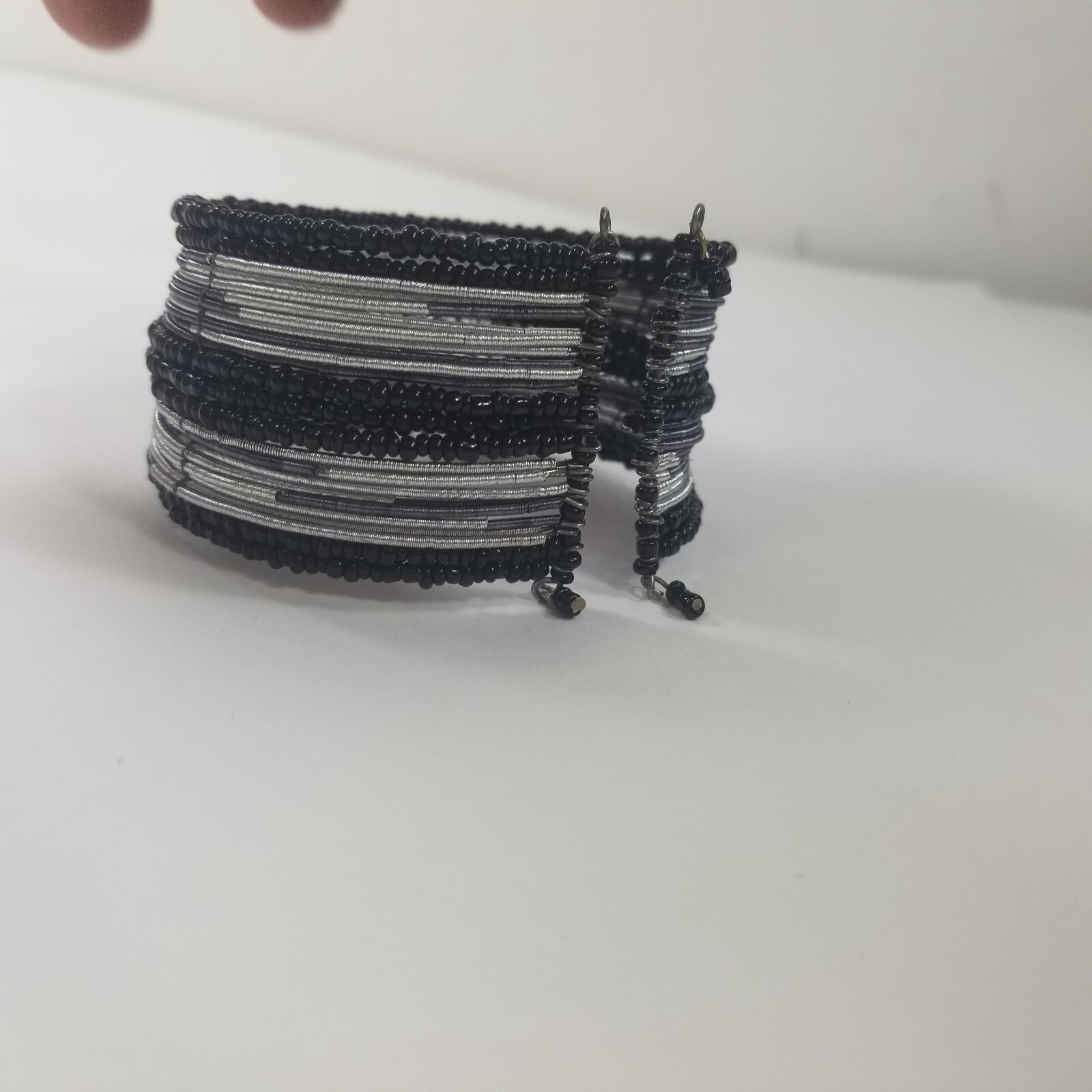 Beaded Wrap Cuff Bracelet Silver Tone Black Seed Beads, Flexible Fit, 1.5″ wide