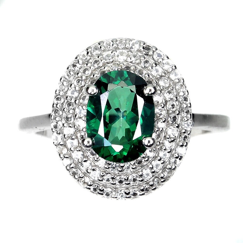 Diffused Oval Green Topaz 8x6mm White Topaz 925 Sterling Silver Ring