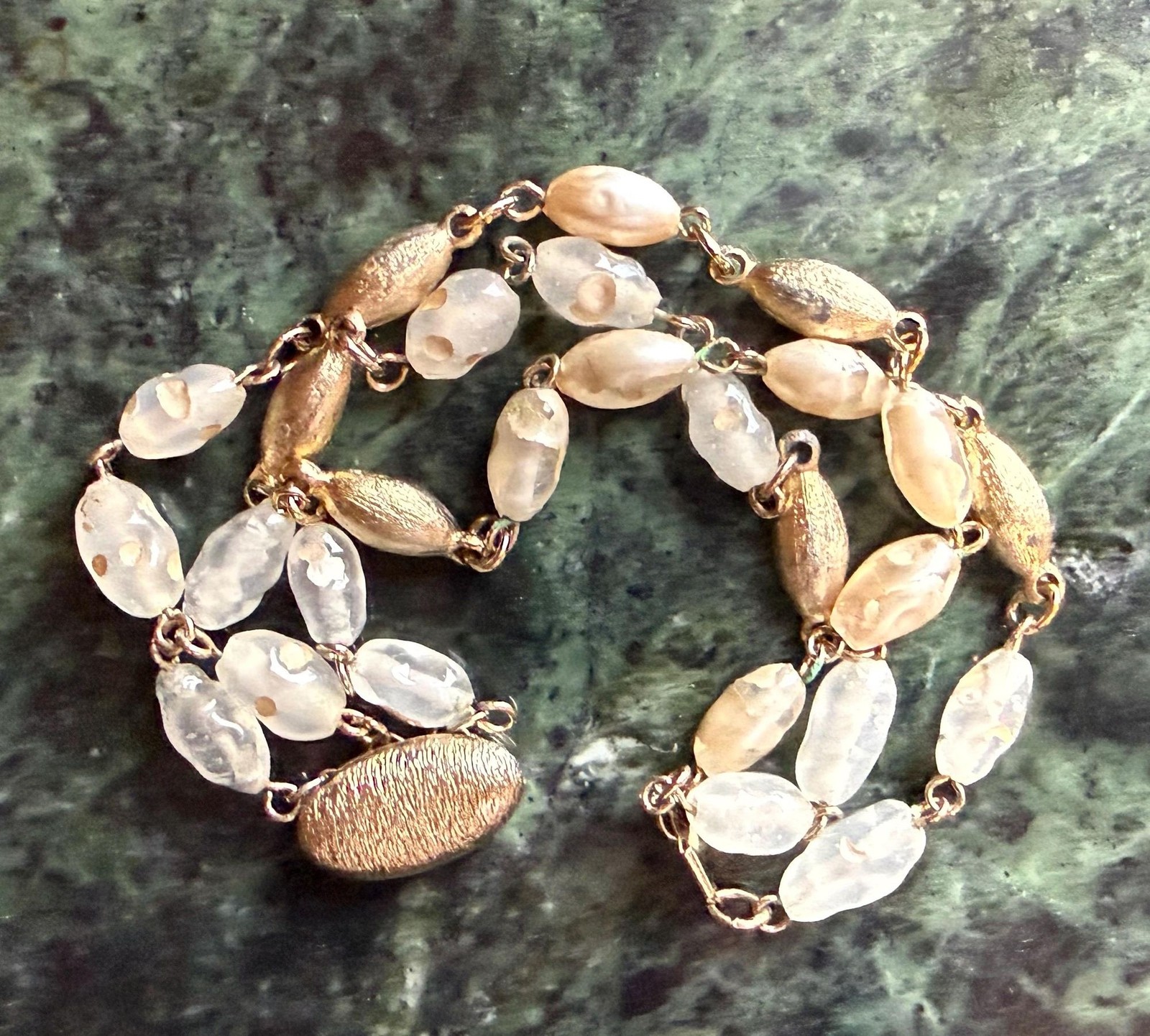 Vintage Triple Strand Frosted Glass Bead Bracelet Gold Tone Textured Oval Links