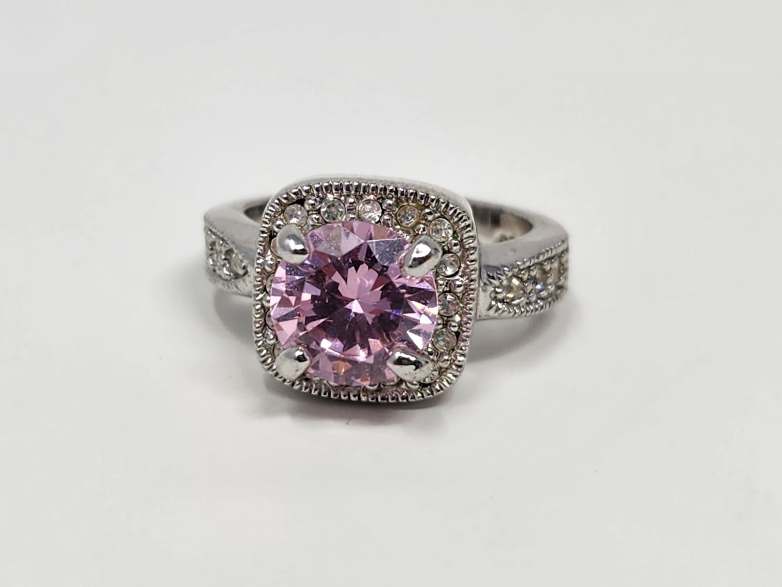 Pink Premier Designs Pink Ice Ring Size 6.75 Silver Tone Signed PDJ Rhinestones