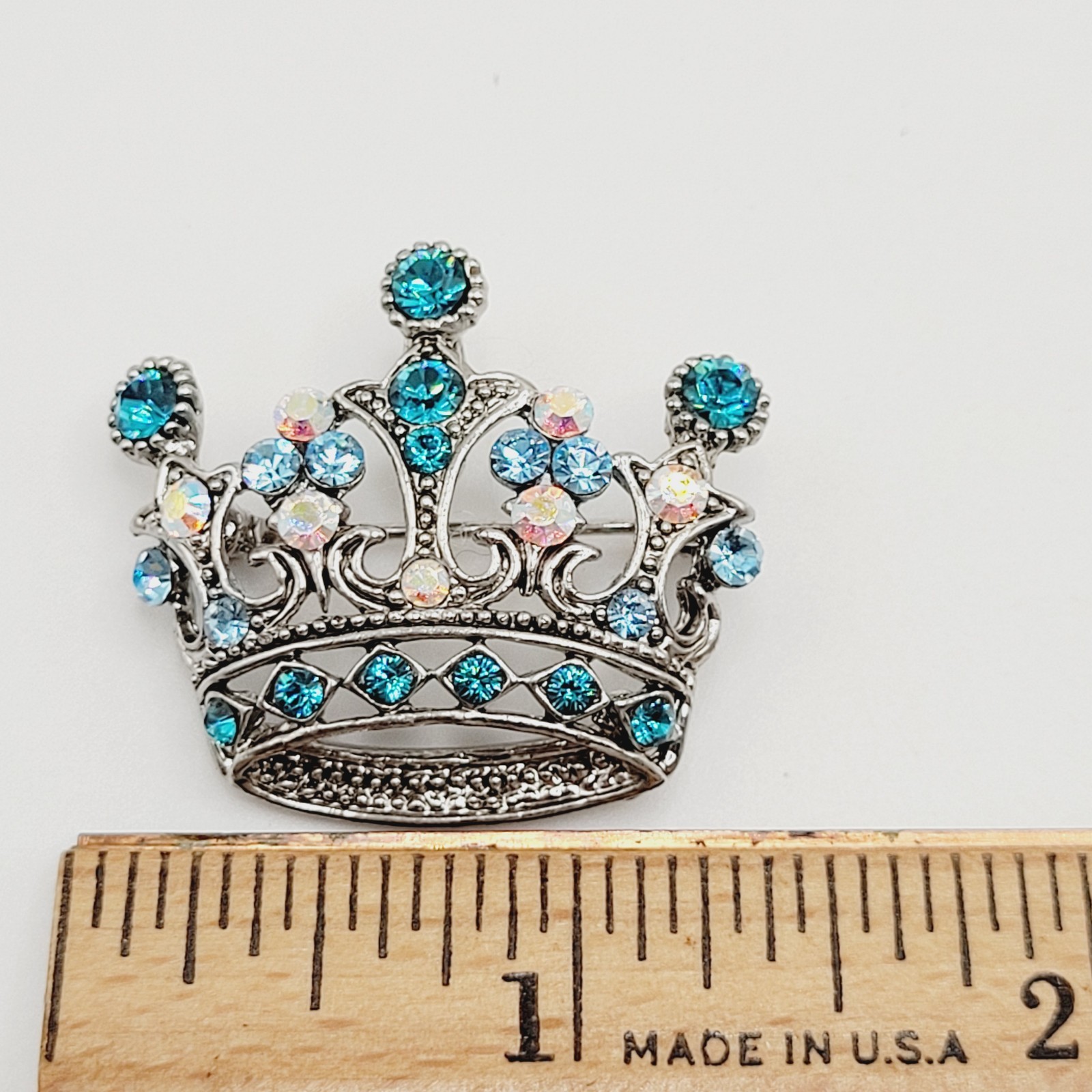 Regal Royal Queen Crown with Light Blue Rhinestone Silver Tone Pendant Brooch