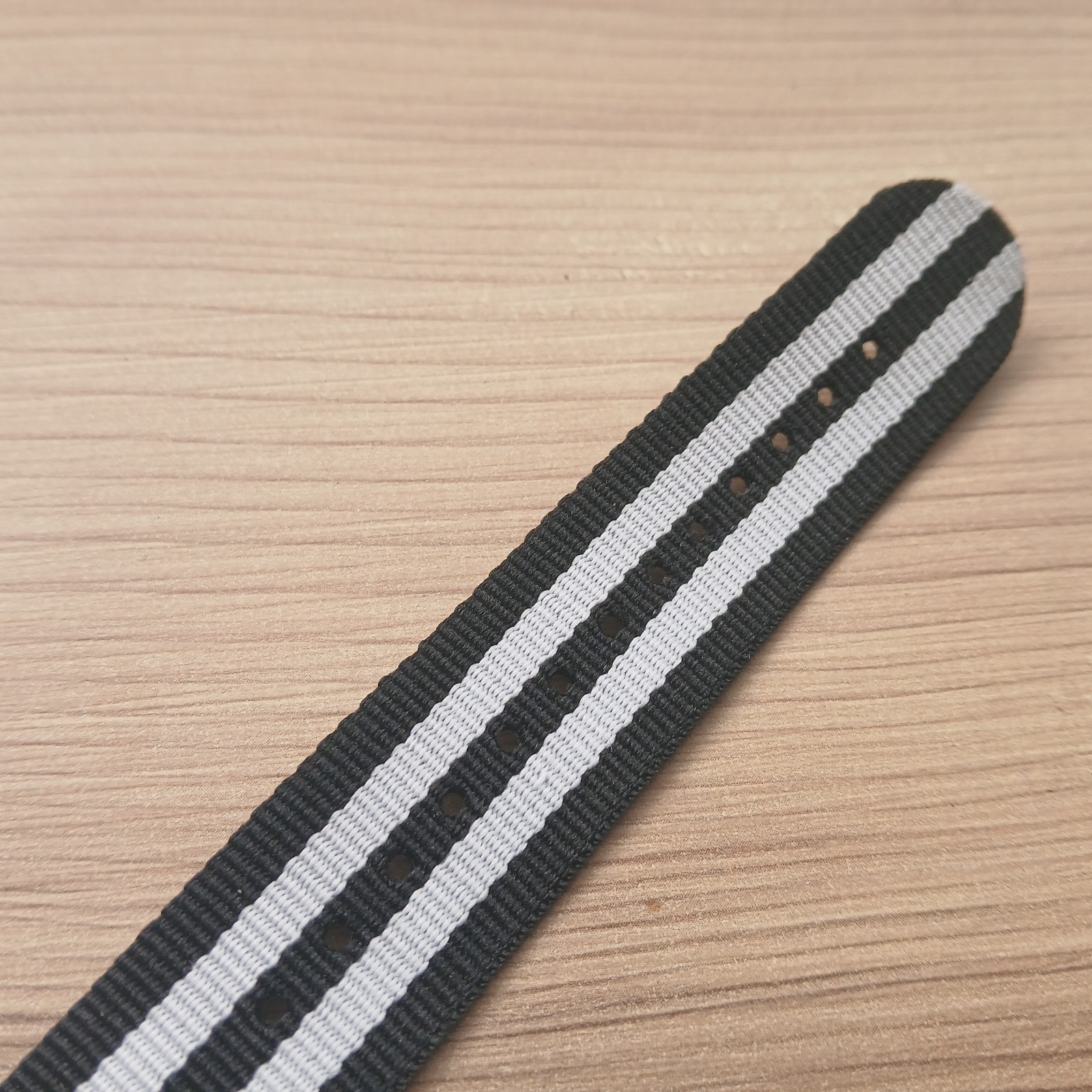 Nylon Black White Striped One Piece 22mm Watch Strap Silver Buckle Keepers